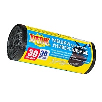 Мешки для мусора 30 л, черные, в рулоне 30 шт., ПНД, 9 мкм, 600х500 мм, Крепак, 4607075710108 в Актобе
