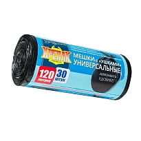 Мешки для мусора 120 л, с ушками, черные, в рулоне 30 шт., ПНД, 15 мкм, 1100х700 мм, Крепак, 4607075710375 в Актобе