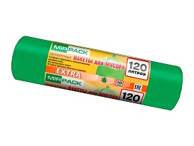 Мешки для мусора 120 л, зеленые, в рулоне 10 шт., ПНД, 14 мкм, 1100х700 мм, EXTRA, ex1201804 в Актобе